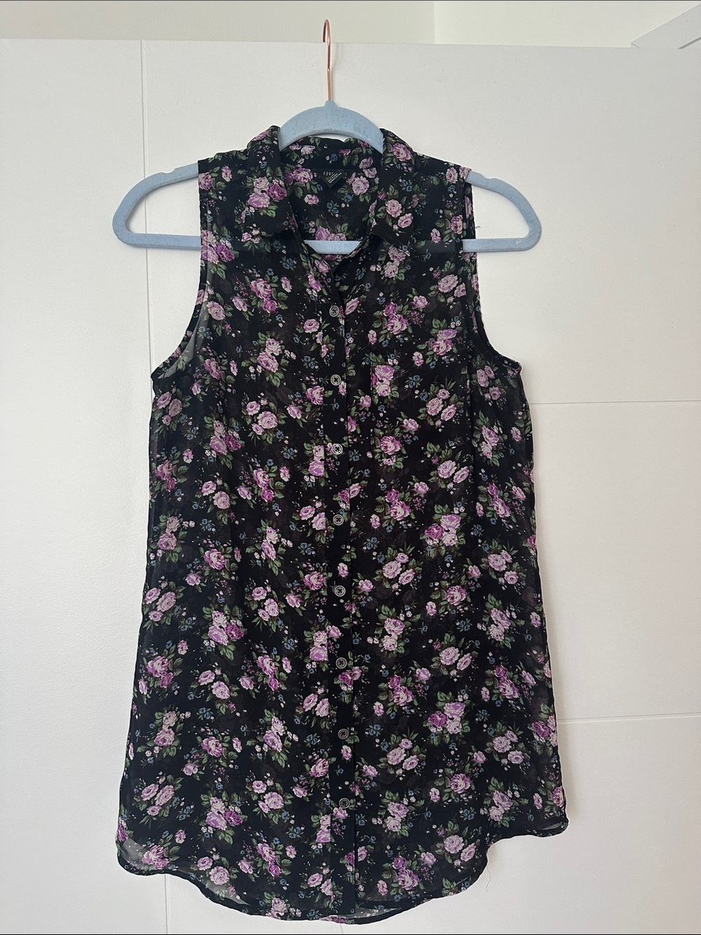 Forever 21 Black Sleeveless Button-Front Camisole with Purple Floral Print